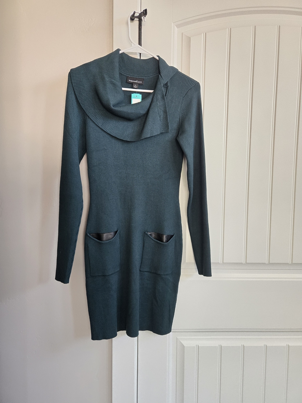 Ribbed Cowl Neck Sweater Dress with Black Pocket Trim - Dark Green
